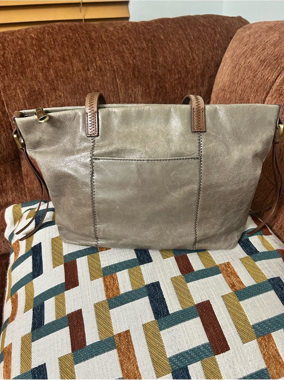 HOBO Leather Tote Bag in Taupe with Brown Handles